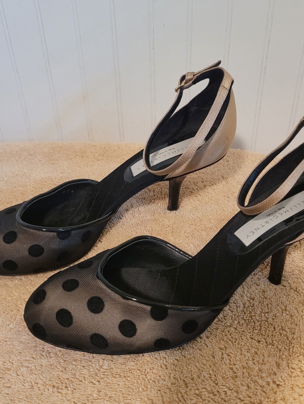 Stella McCartney Sheer Polka Dot Mesh Heels Nude Black Ankle Strap Pumps Size 36